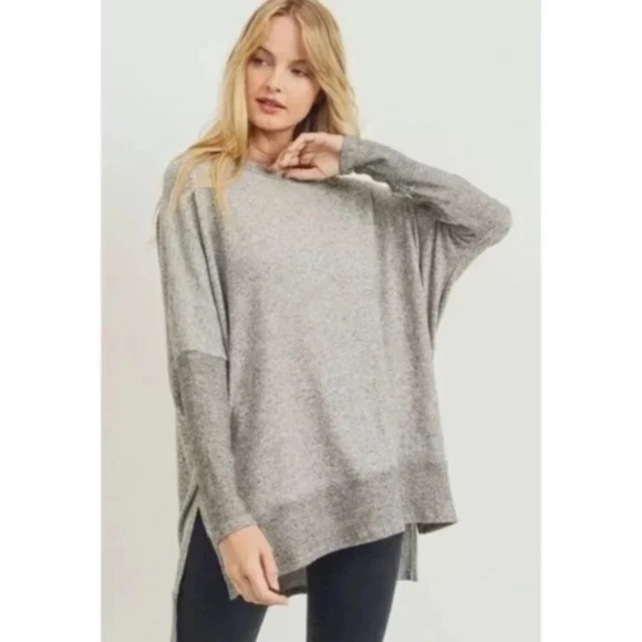 Gray Soft Brushed Knit Hi Lo Tunic Sweater Top - Picture 4 of 6
